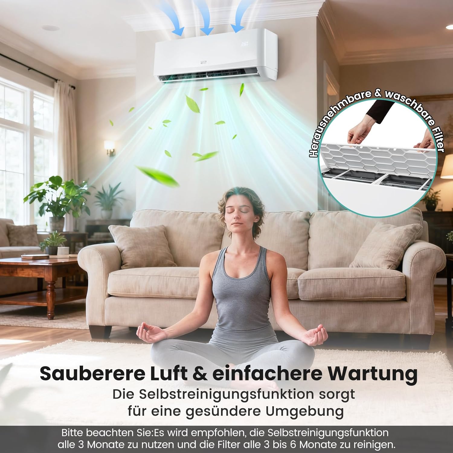 COSTWAY 12000BTU Split Klimageräte, Klimaanlage 3,4kW mit Heizfunktion, Air Conditioner energiesparend inkl. Kupferleitung, Kältemittel R32, Selfclean, Wandmotage für 70m³ Räume
