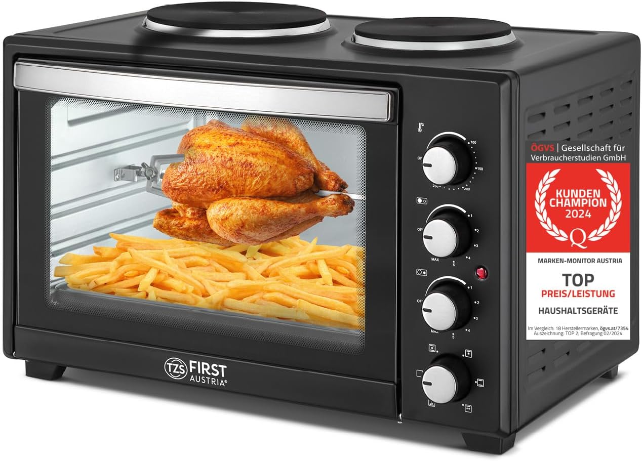 TZS First Austria Mini-Backofen mit Kochplatten | 45 Liter Fassungsvermögen, 3200W, Umluft, max 230°C | Backblech, Drehspieß, Grillrost, Innenbeleuchtung | kompakt für Camping, Wohnheim & Kleinküchen