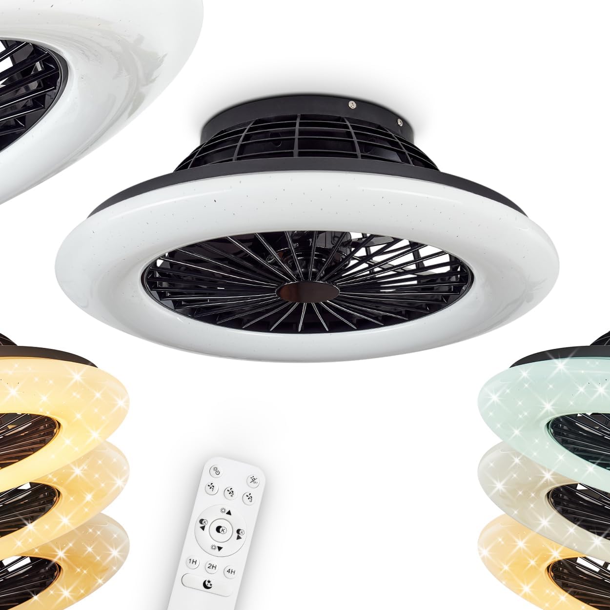 LED Deckenventilator Piraeus, Deckenlampe mit Ventilator aus Metall und Kunststoff in Schwarz und Weiß, über Fernbedienung dimmbar, Timer und Nachtlicht, 30 Watt, 2200 Lumen, 3000-6500 Kelvin