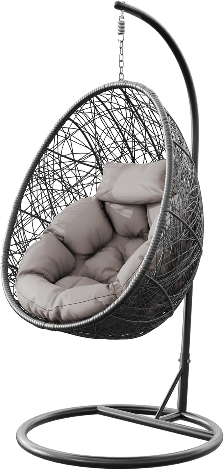Mirjan24 Hängesessel mit Gestell und Kissen Bordia, Hängestuhl mit Rückenkissen, Hängesitz, Hängekorb, Stahlskelett, Indoor & Outdoor (grau/Kissen: grau)