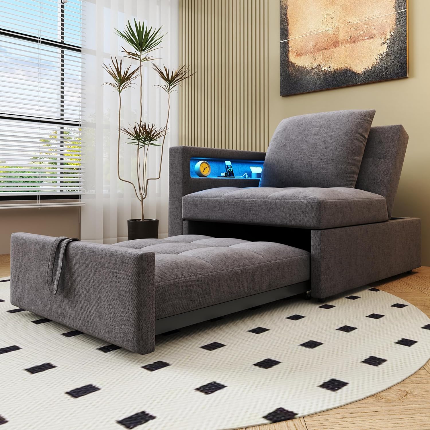 Polsterbett Schlafsofa 3 in 1 Multifunktions-Schlafsofa, Leinenstoffsofa mit Verstellbarer Rückenlehne, Die Armlehne verfügt über LED-Lichtleisten und USB-/Typ-C-Anschlüsse (Dunkelgrau)