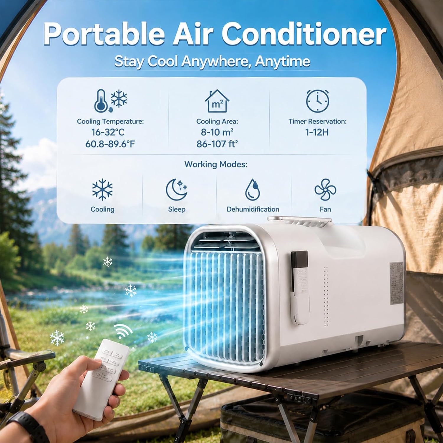 4-in-1 Tragbare Zeltklimaanlage, 5100 Btu Kühlleistung, Kleine, Leise Klimaanlage Mit 24-Stunden-Timer, 10 M², Für Zelte, Camping, Wohnmobile Oder Den Heimgebrauch X8Pro-220V
