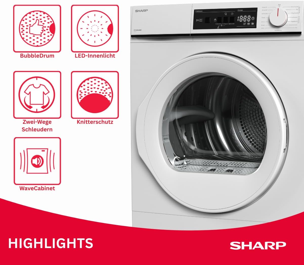 SHARP KD-NHA0S6GWWD-DE Wäschetrockner, 10kg, D, 15 Trockenprogramme inkl. 20-Minuten-Schnelltrockenprogramm, Weiß