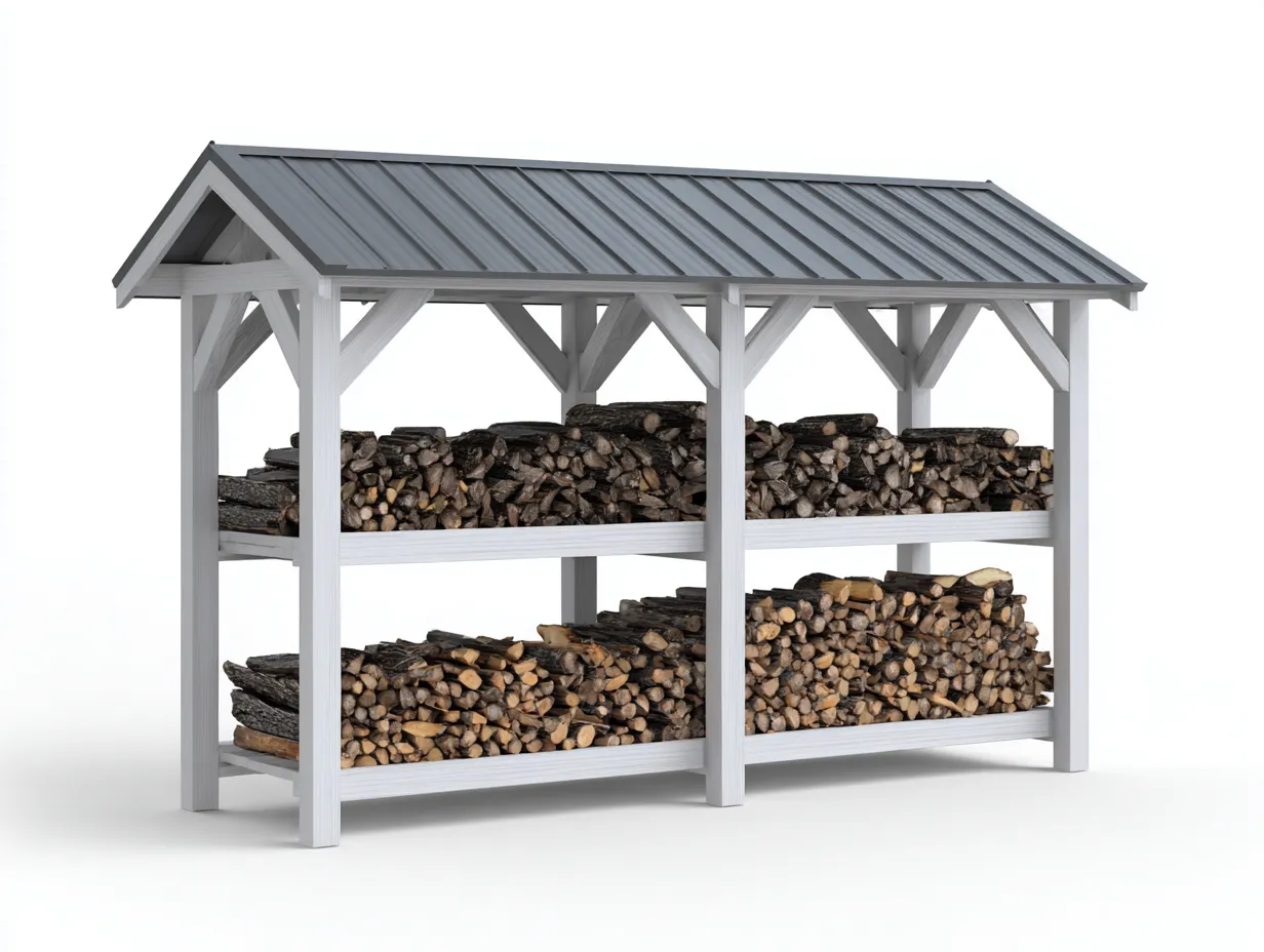 Kaminholzregal-Holz-Metall-224x64x168 cm-Weiß-Grau-Landhausstil