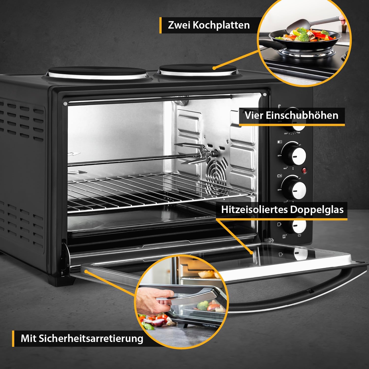 TZS First Austria Mini-Backofen mit Kochplatten | 45 Liter Fassungsvermögen, 3200W, Umluft, max 230°C | Backblech, Drehspieß, Grillrost, Innenbeleuchtung | kompakt für Camping, Wohnheim & Kleinküchen