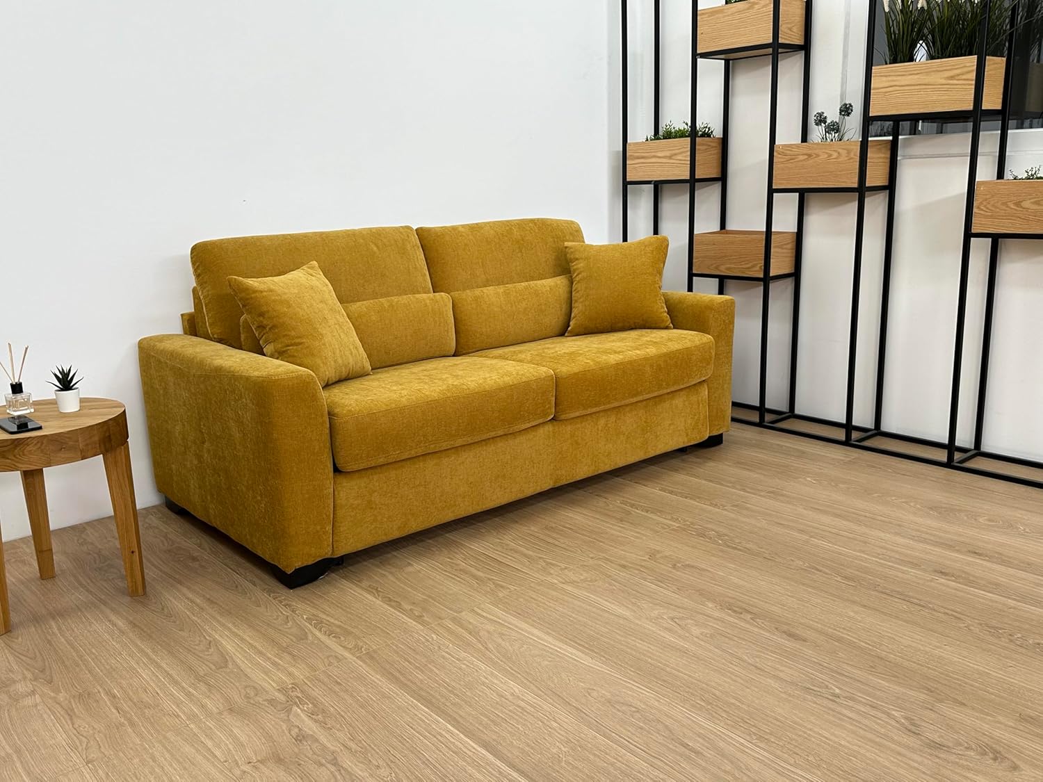 f60 Sofa mit Schlaffunktion - 3 Sitzer Schlafsofa und Klappsofa mit hochwertiger Kaltschaummatratze & CATAS Bettgestell - Schlafcouch mit Bettfunktion gelb (Honey Melon)