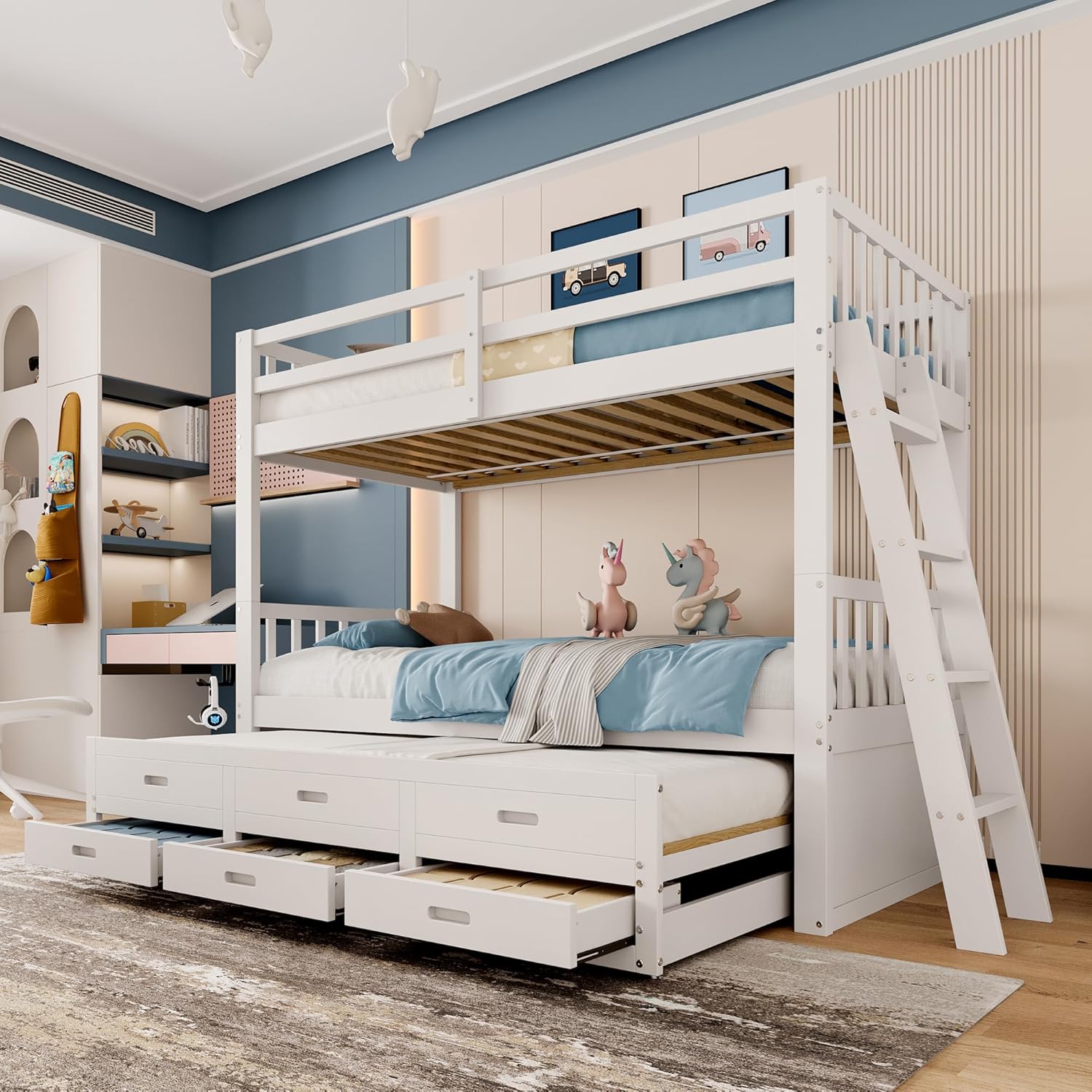 Etagenbett Kinderbett 90x200 cm mit Stauraum, Hochbett mit Leiter und Rollbett, Jugendbett Bettgestell mit 3 Schubladen, Holzbett Bett mit Rausfallschutz und Lattenrost, Ohne Matratze (Weiß)