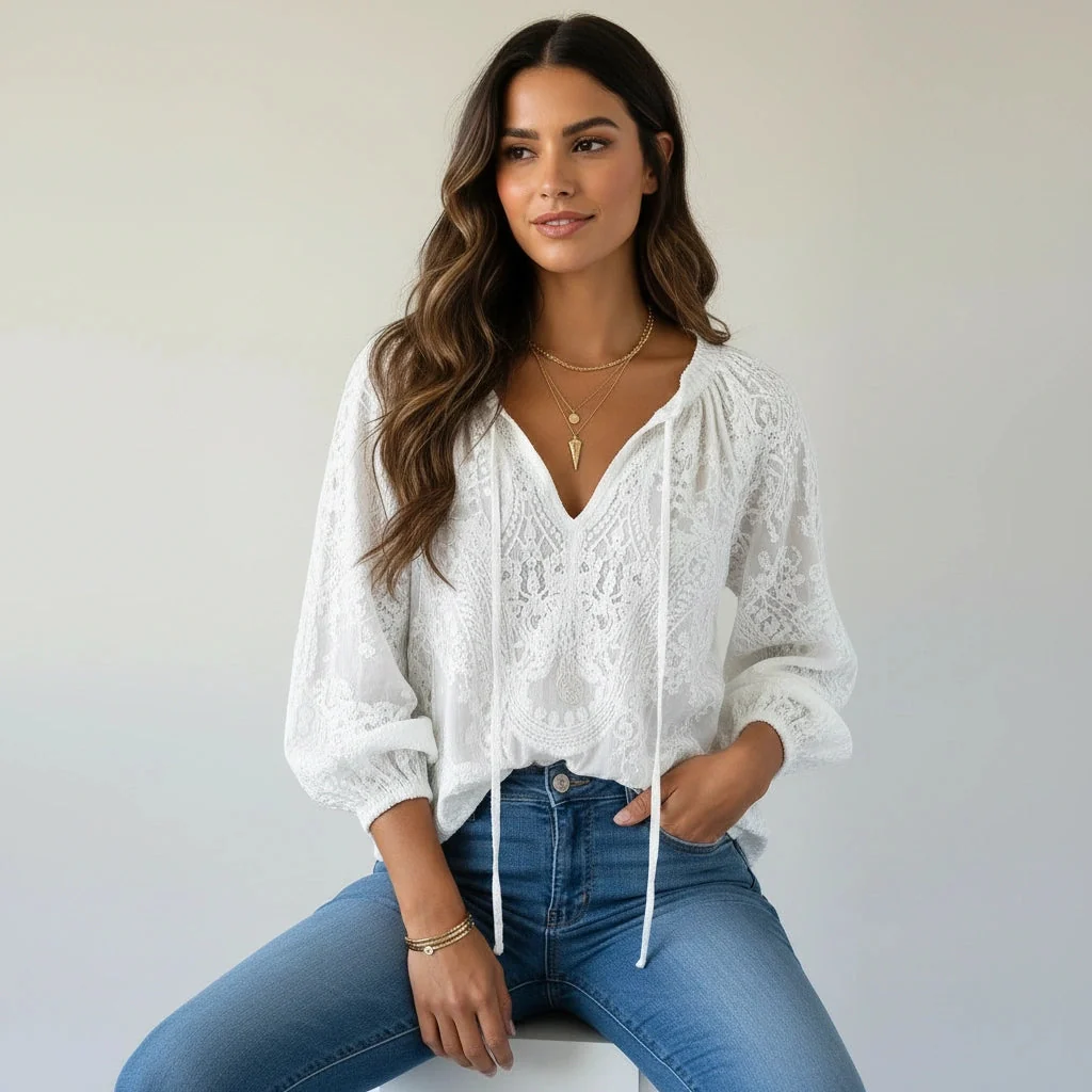 Damenbluse mit Spitze im Boho-Stil | Luftige Sommerbluse locker geschnitten | Feminine Spitzenbluse f��r Freizeit und Urlaub