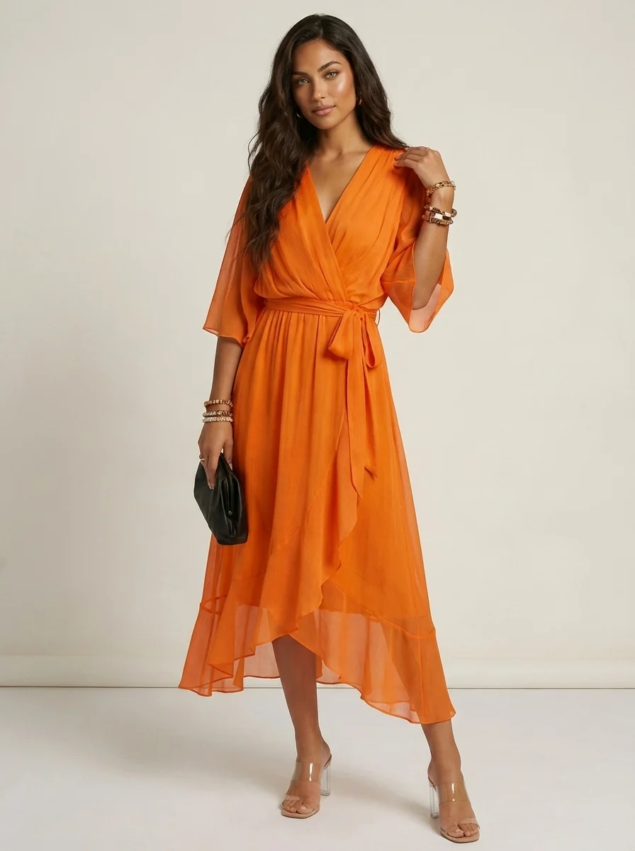Damen Midi-Wickelkleid mit V-Ausschnitt | Flie?endes Kleid mit Bindeg��rtel und asymmetrischem Saum f��r Freizeit und Anl?sse