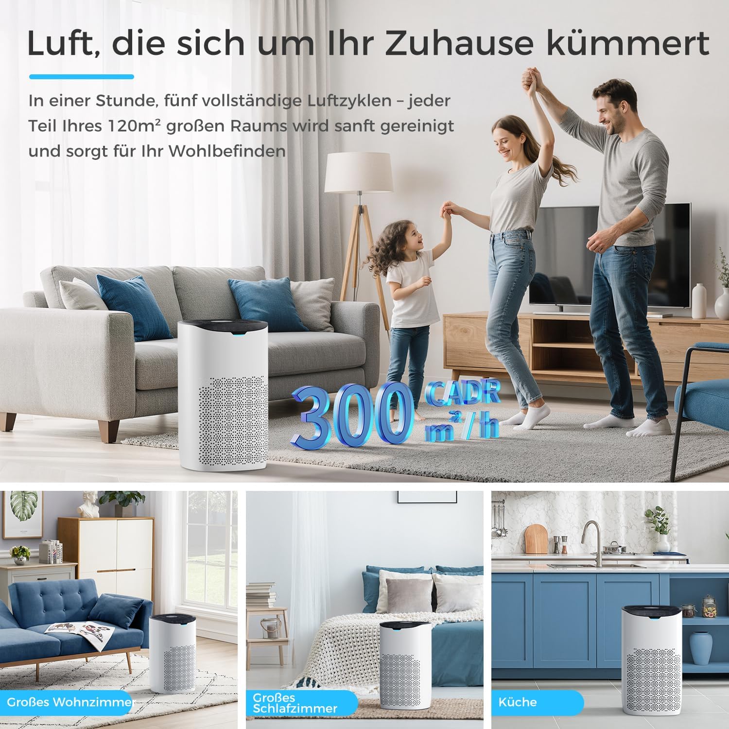 AROEVE Luftreiniger, CADR 300 m³/h für 120 m² Raum, Luftreiniger Allergiker gegen Pollen, Staub, Tierhaare, Rauch, Automatikmodus mit Sensor, Leise 25dB, Ideal für Allergie-Haushalte