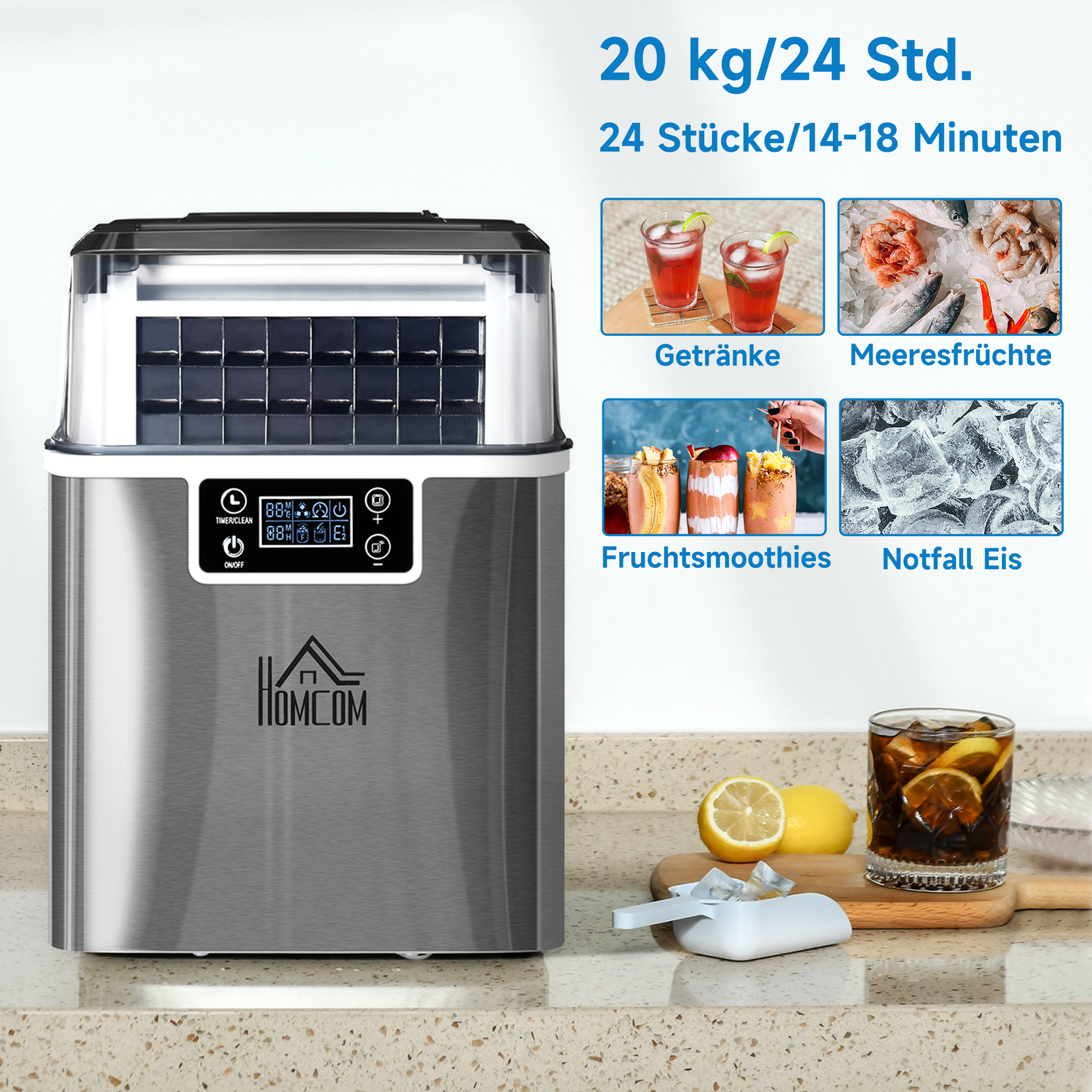 ijsblokjesmachine 20 kg/24u 2.3 l ijsblokjesmachine met 3.2 l waterreservoir display RVS zilver 25,2 x 36 x 37,1 cm