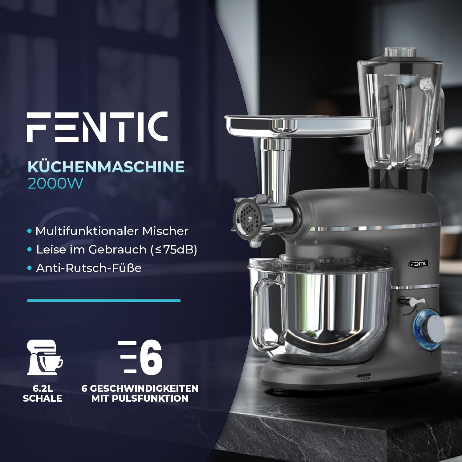 Fentic 6-in-1 Küchenmaschine – 2000W – Mit Fleischwolf, 1,5L Entsafter, Gemüseschneider und Mehr – Knetmaschine mit 6,2L Rührschüssel, Rührhaken, Knethaken, Schlagbesen und Spritzschutz (Schwarz)