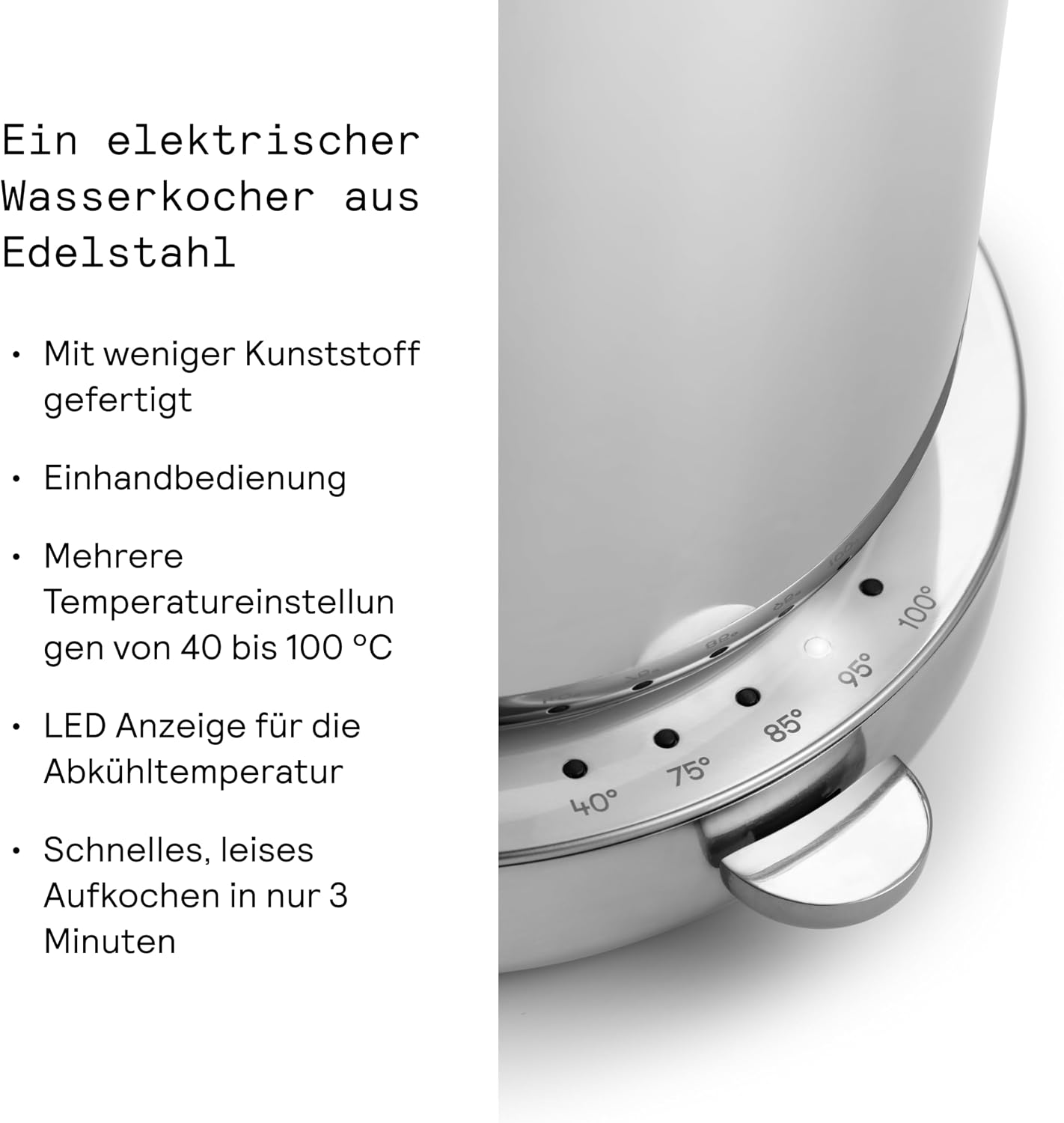 Aarke Wasserkocher aus Edelstahl mit mehreren Temperatureinstellungen, 360° drehbarem Sockel, leisem Kochvorgang und tropffreiem Ausgießer, Fassungsvermögen von 1,2 Litern (Steel)