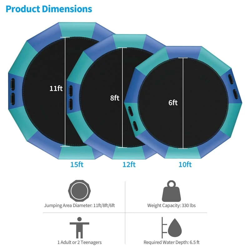 12 FT Inflatable Water Bouncer Trampoline Portable Bounce Swim Platform for Lakes Pools Calm Sea