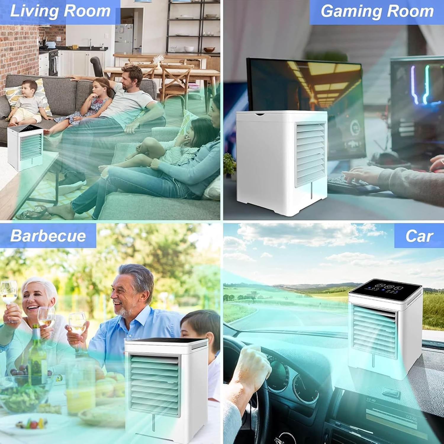 Verdunstungskühler mit 3 Windstufen und Touchscreen – tragbarer USB Kühlventilator für Zimmer, Zelt, Auto, Camping und den Außenbereich
