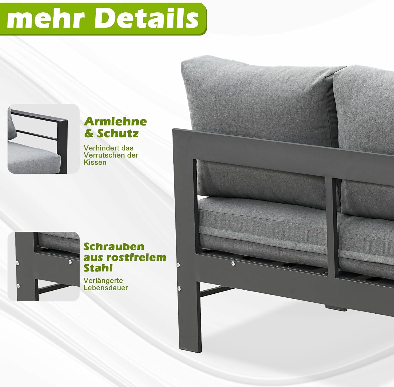 Atenza Aluminium Gartenlounge Set 6-8 Personen, Ecklounge Gartenmöbel-Set mit Ecksofa, Tisch und Sitzbank, Outdoor Lounge mit Sitz- und Rückenkissen für Garten, Terrasse, Balkon (Grau)