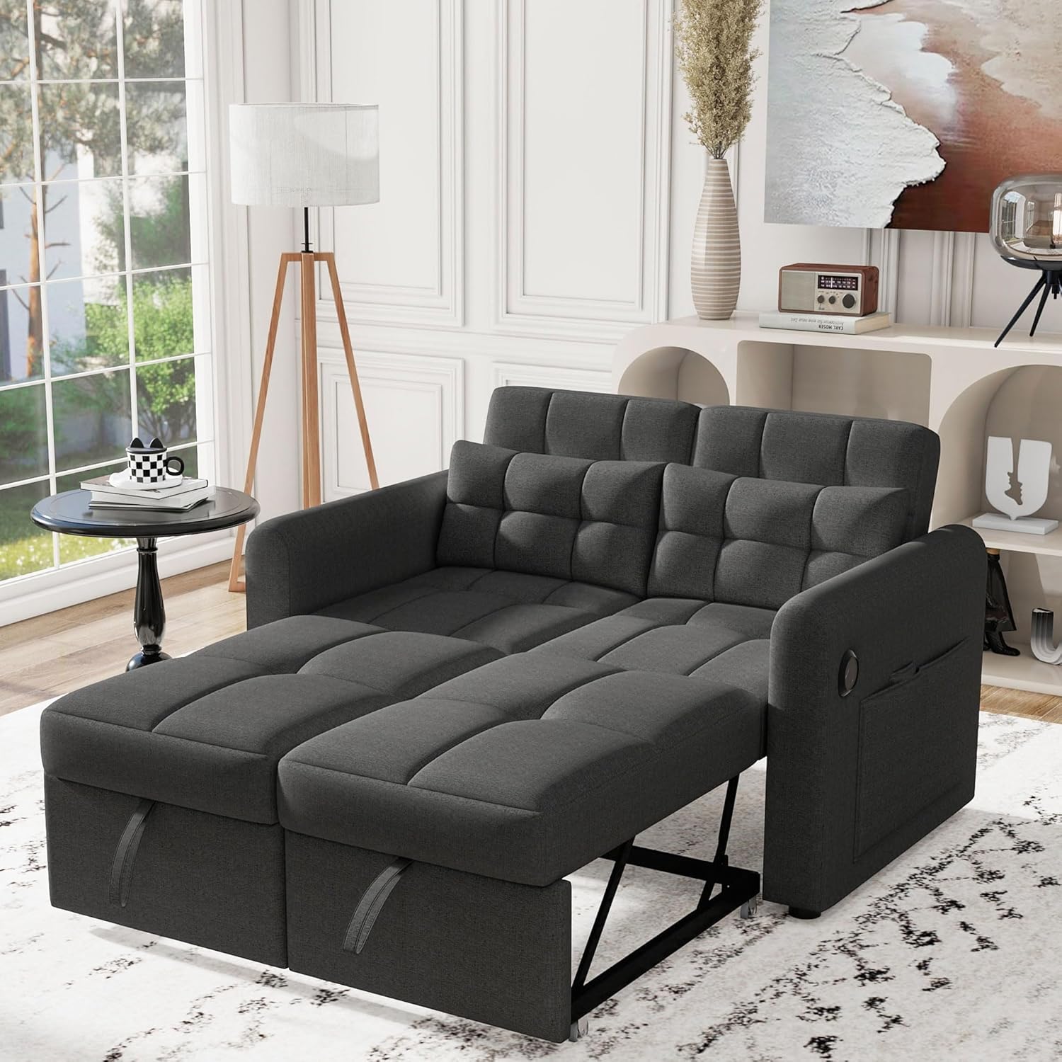 Modernes Doppel-Klappschlafsofa, 2-Sitzer Ausziehsofa mit Schlaffunktion, mit verstellbare Rückenlehne&Armlehnentaschen und Kissen, USB-Ladeanschluss, für Wohnzimmer Schlafzimmer Büro (Grau C)