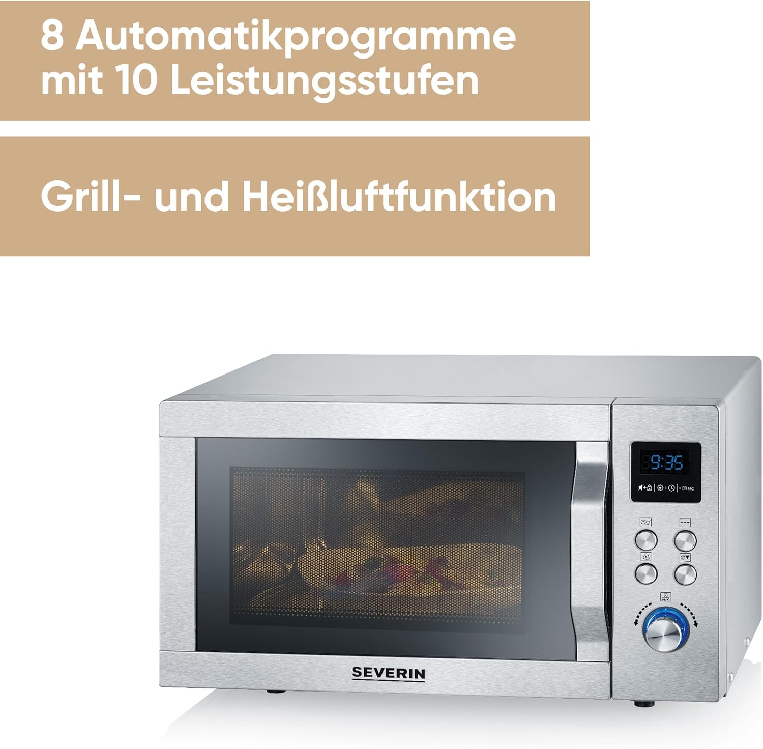 SEVERIN Mikrowelle mit Grill und Heißluftfunktion 3-in-1, zum Auftauen, Garen und Erhitzen, Mikrowelle mit Drehteller, Edelstahl-gebürstet/silber, MW 7774