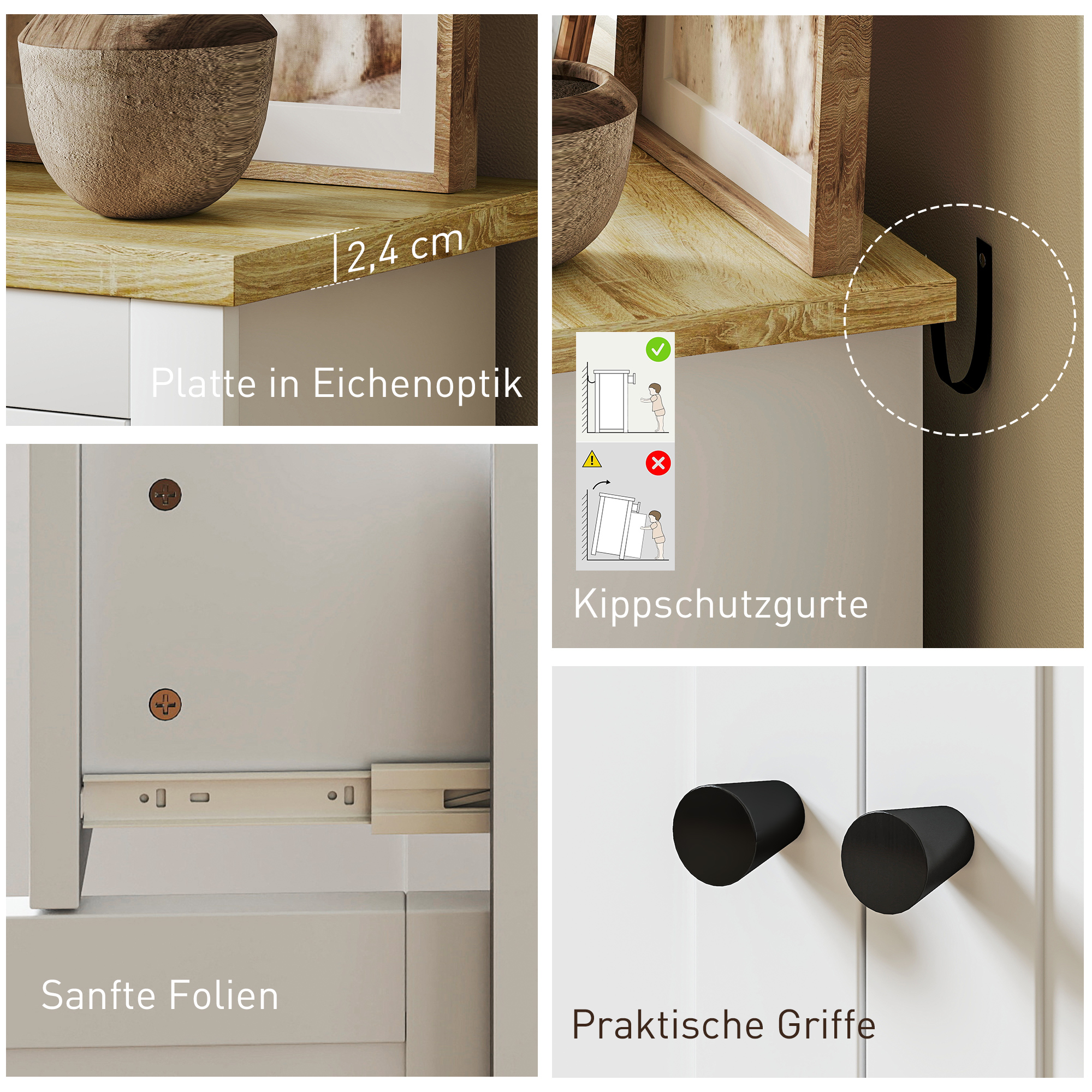 Ladekast met veel Opbergruimte, Sideboard met Soft-Close Deuren, 2 Laden, Verstelbare Plank, Wit
