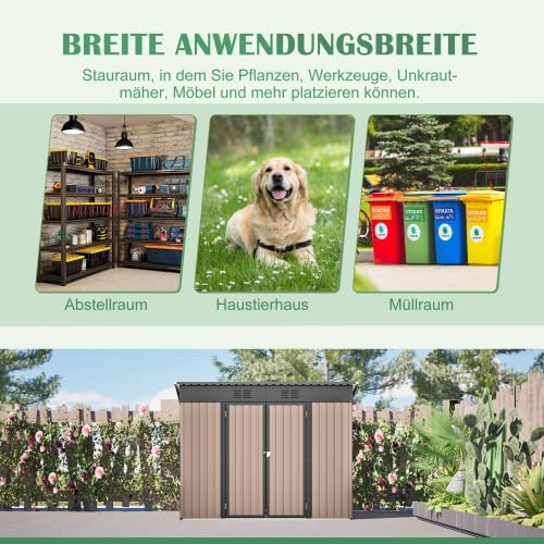 Geräteschuppen Metall 8 x 4 Fuß mit Fundament, Gerätehaus wetterfest als Fahrradgarage für 2-3 Fahrräder, Mülltonnenbox & Gartengerätehaus, verzinkter Stahlschuppen mit Schrägdach & Belüftung, Braun