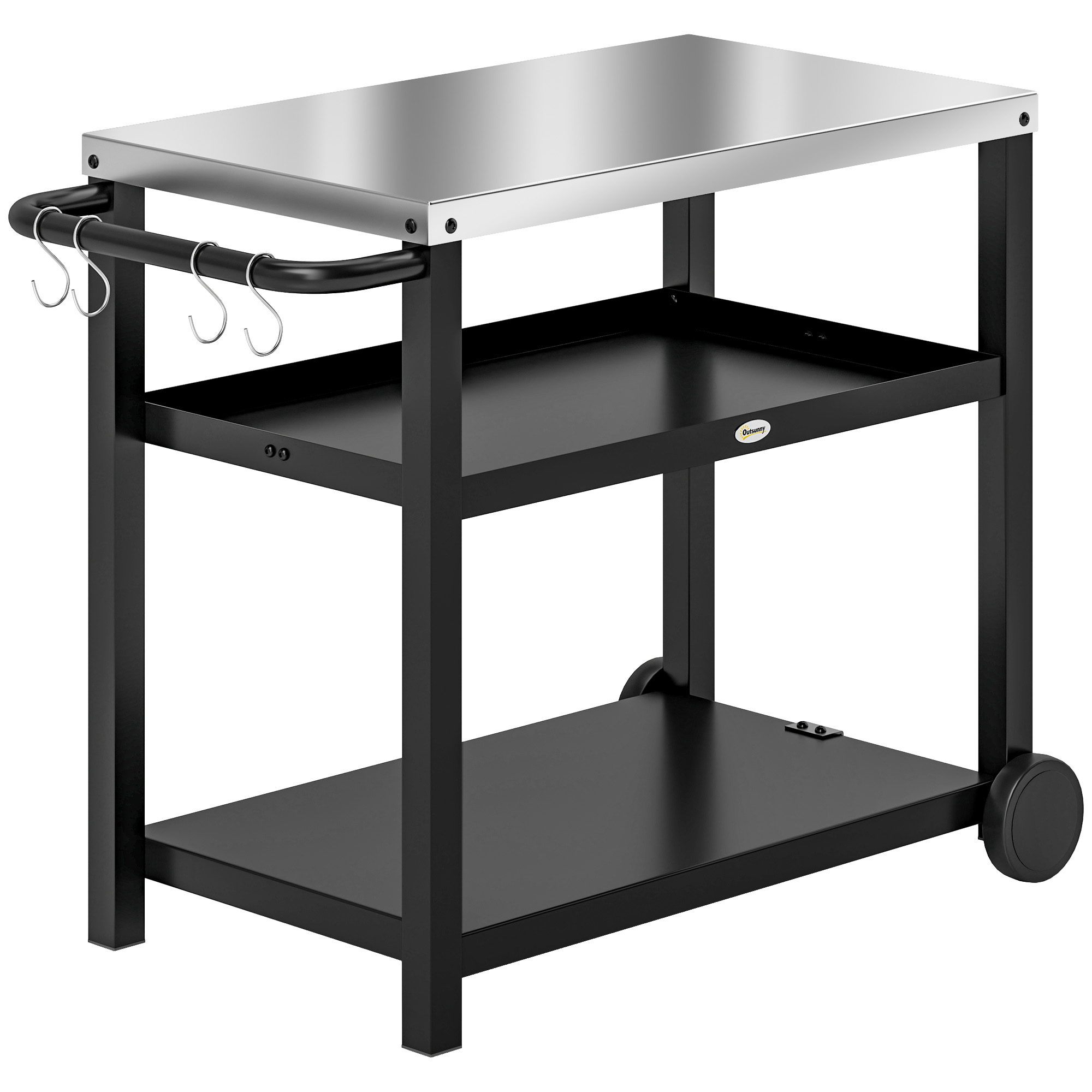 Outsunny Grillwagen 3-Etagen met Werkoppervlak, Planken, Haken, Wielen, Roestvrij Staal, 102x50x81cm, Koolgrijs