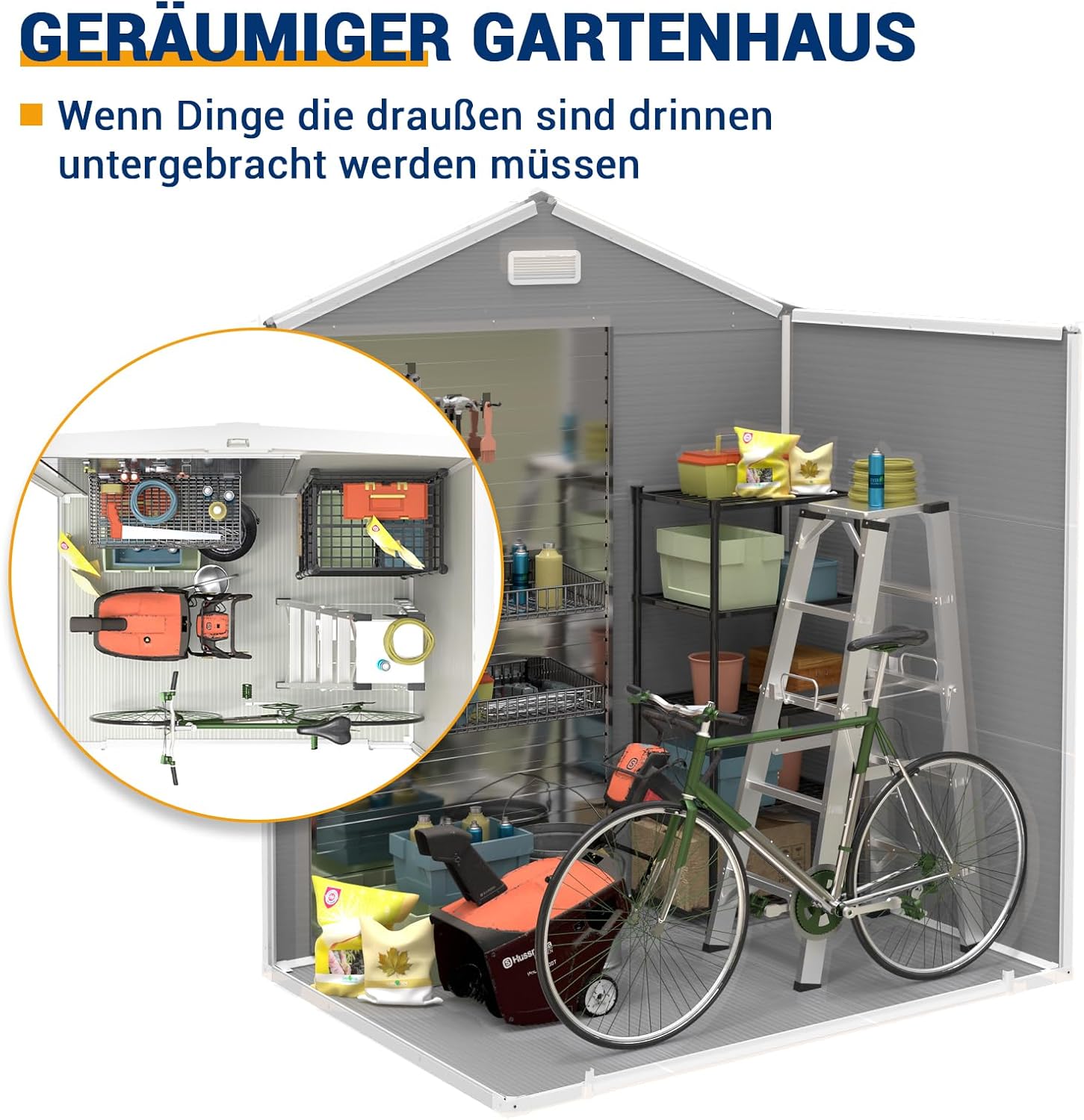 UDPATIO Gartenhaus wetterfest 183 x 137 x 210 cm, 3.9 m³, Kunststoff-Harz außerhalb Schuppen & Outdoor-Lagerung für Mülleimer,Rasenmäher mit abschließbarer Tür für Rasen, Terrasse, Grau & Weiß