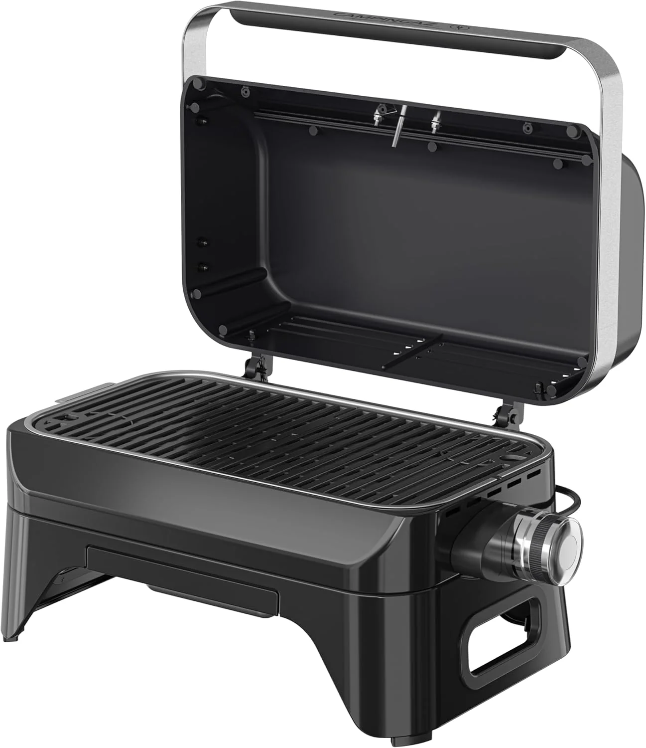 Campingaz Grill Attitude2go, gasbarbecue & elektrische barbecue, tafelbarbecue, draagbare balkon-, campingbarbecue, met deksel, thermometer en gietijzeren grillrooster, werkt op gas of elektriciteit