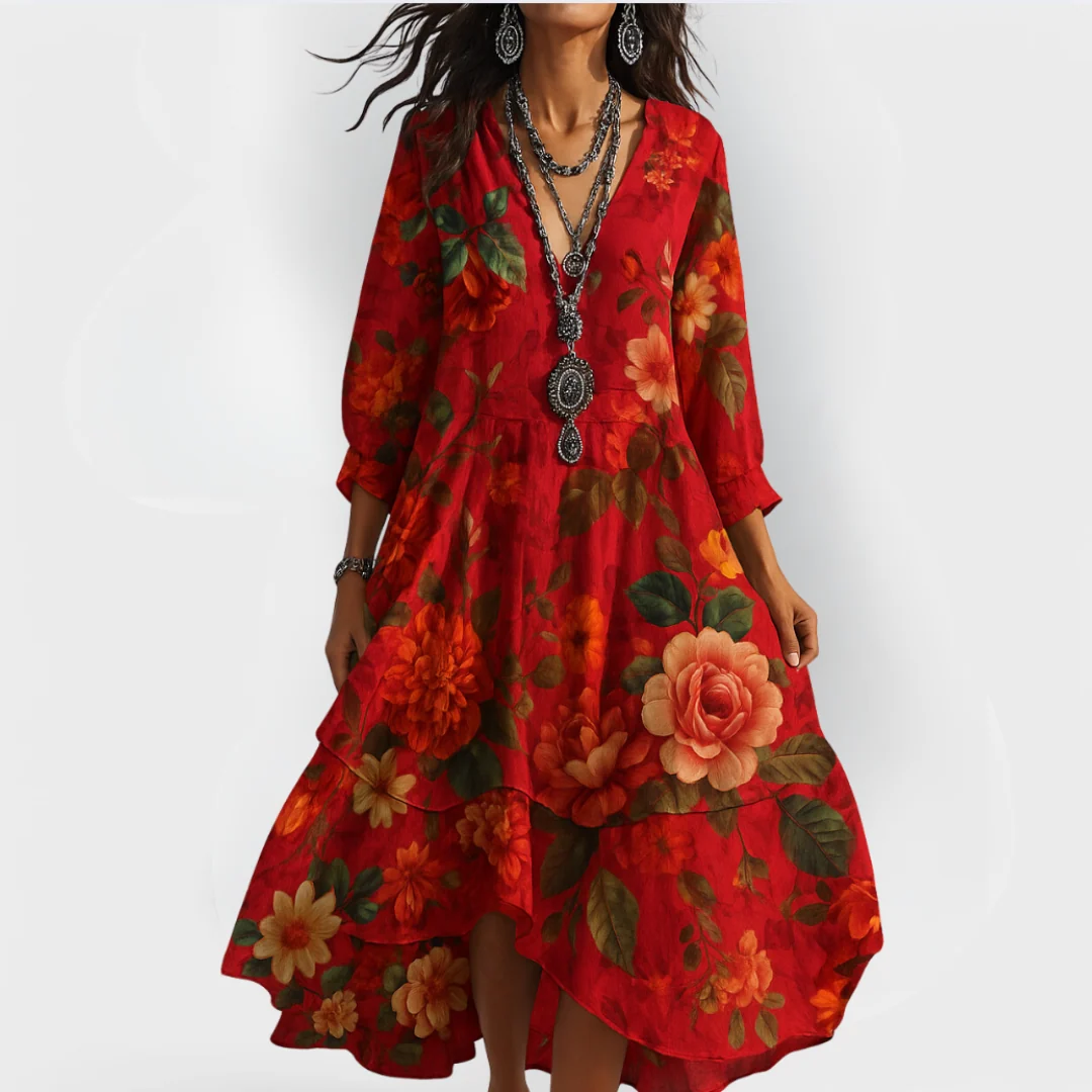 Boho-Kleid f��r Damen | Florales Midikleid mit V-Ausschnitt und 3/4-?rmeln