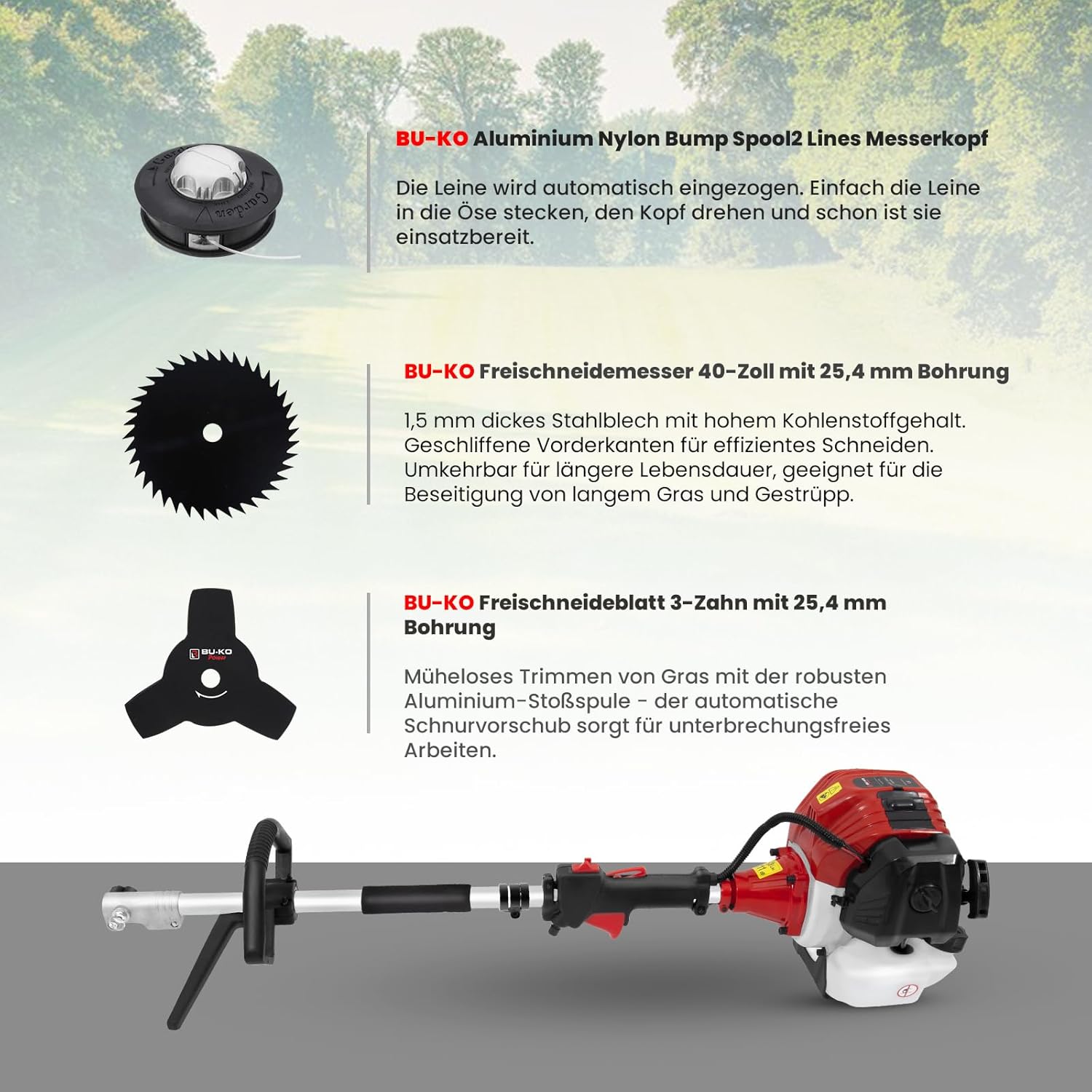 BU-KO 52cc Motorsense Benzin Gartengerät mit großer Reichweite: Benzin-Strimmer und Freischneider ausziehbare Benzin-Heckenschere -Kettensäge 3X 75cm Verlängerungsstangen, Werkzeugtasche