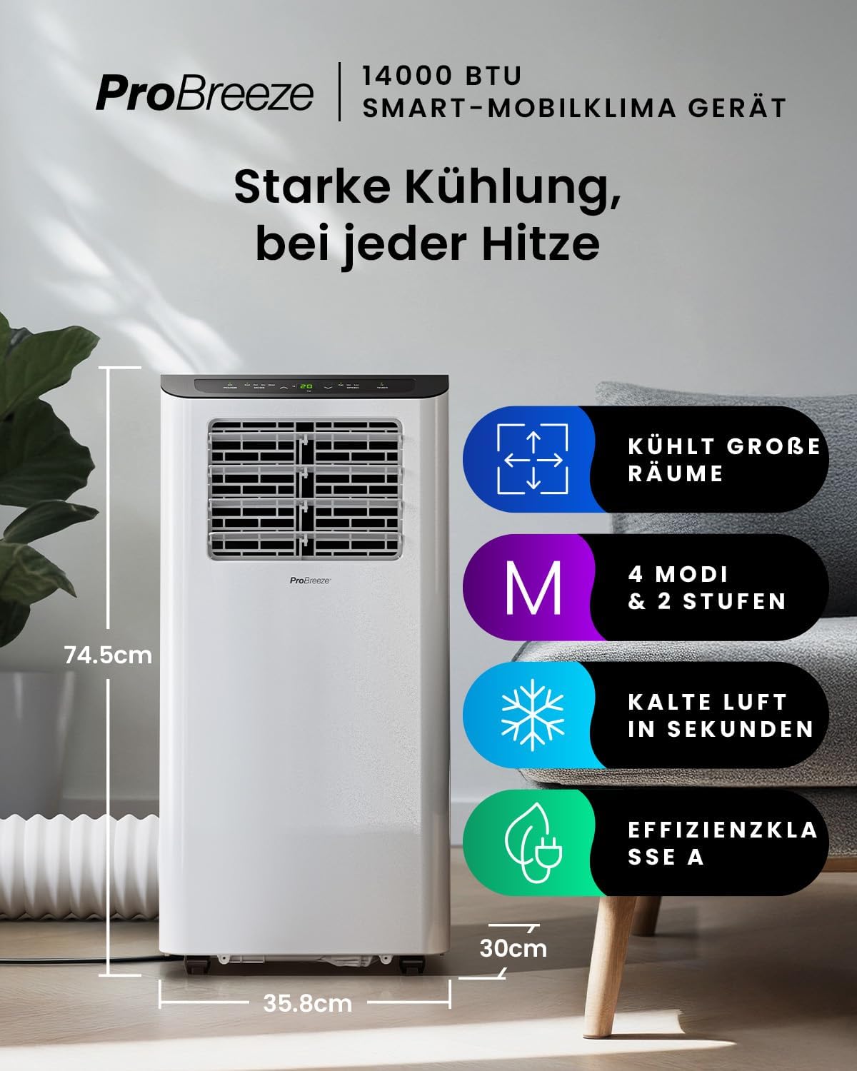 Pro Breeze Mobiles Klimagerät 14000 BTU – Klimaanlage mit Abluftschlauch, WiFi Smart Home Steuerung, 24h Timer, LED Display & Fensterabdichtung – Mobile Klimaanlage für Wohnung, Büro & Zuhause