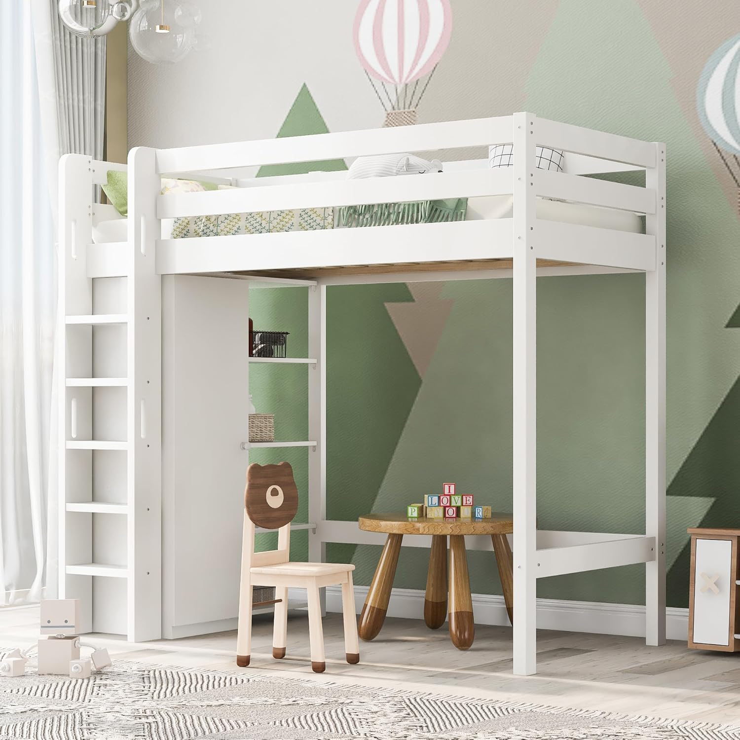 Hochbett Kinderbett 90x200 cm mit Kleiderschrank, Etagenbett Bett mit Stauraum Regalen, Einzelbett mit Leiter und Rausfallschutz, Jugendbett mit Lattenrost, Ohne Matratze, Weiß