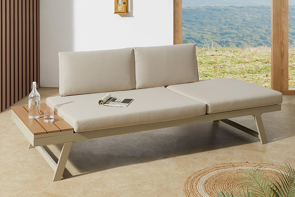 Riess Ambiente Verstellbare Gartenlounge MODULAR Miami - 230cm - Champagner Greige - WPC Aluminium - Gartensofa Gartenliege mit Ablage