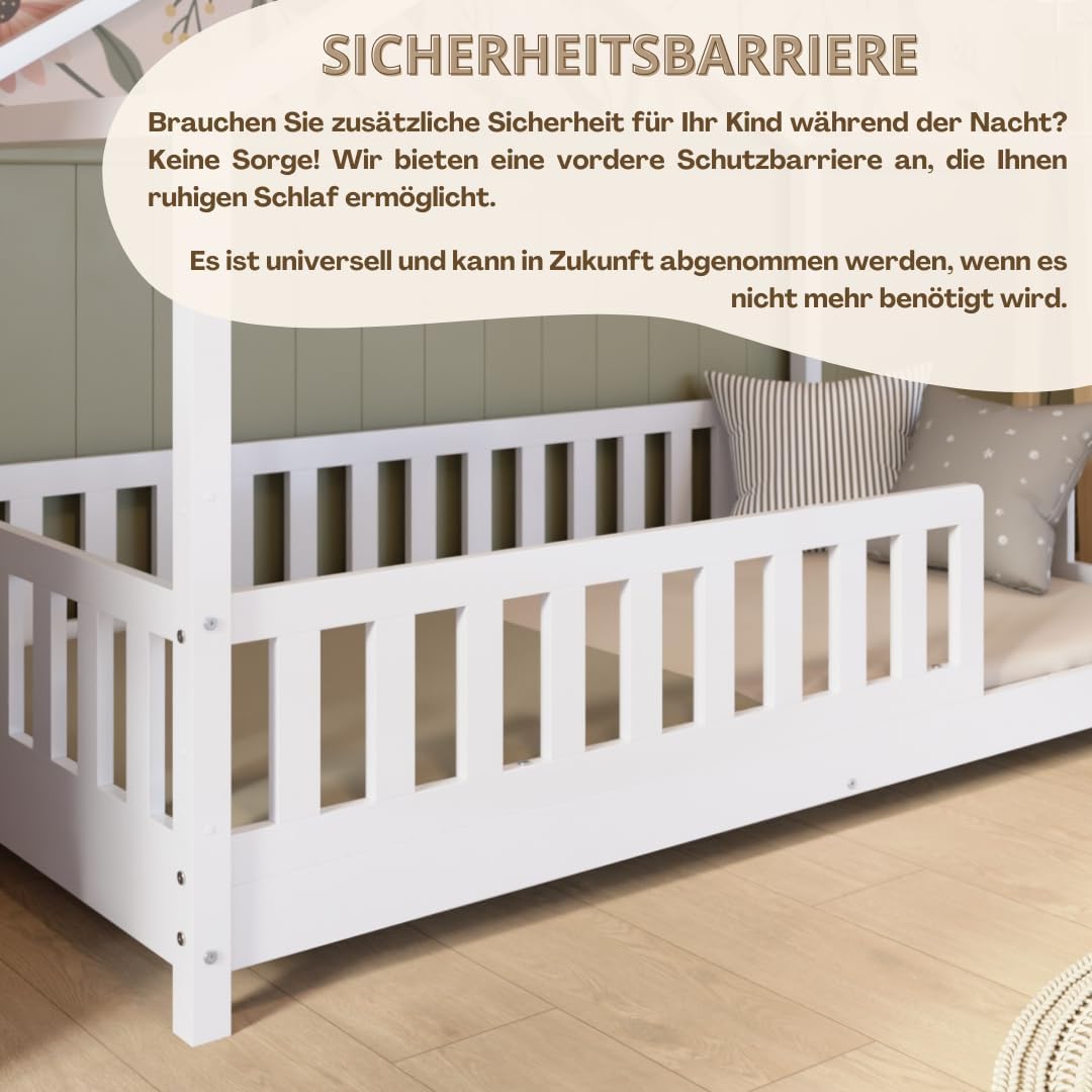 Crazy Pine Hausbett mit Schubladen 200x90 cm – Kinderbett aus Naturholz mit Rausfallschutz – Montessori Bodenbett mit zusätzlichen Stauraum und und Abnehmbarer Barriere - Crazy House