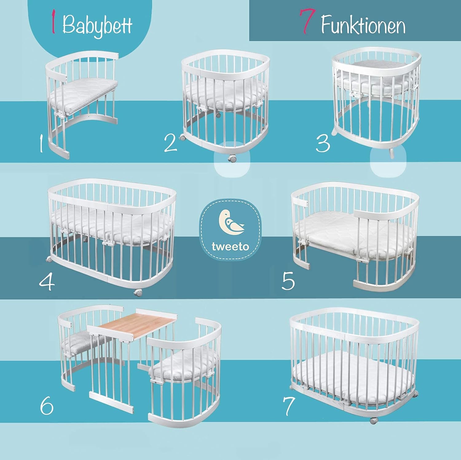tweeto® Babybett 7 in 1 – mitwachsendes Babybett aus Holz | höhenverstellbares Beistellbett & Gitterbett | umbaubar zu Kinderbett & Laufstall (Buche Natur)