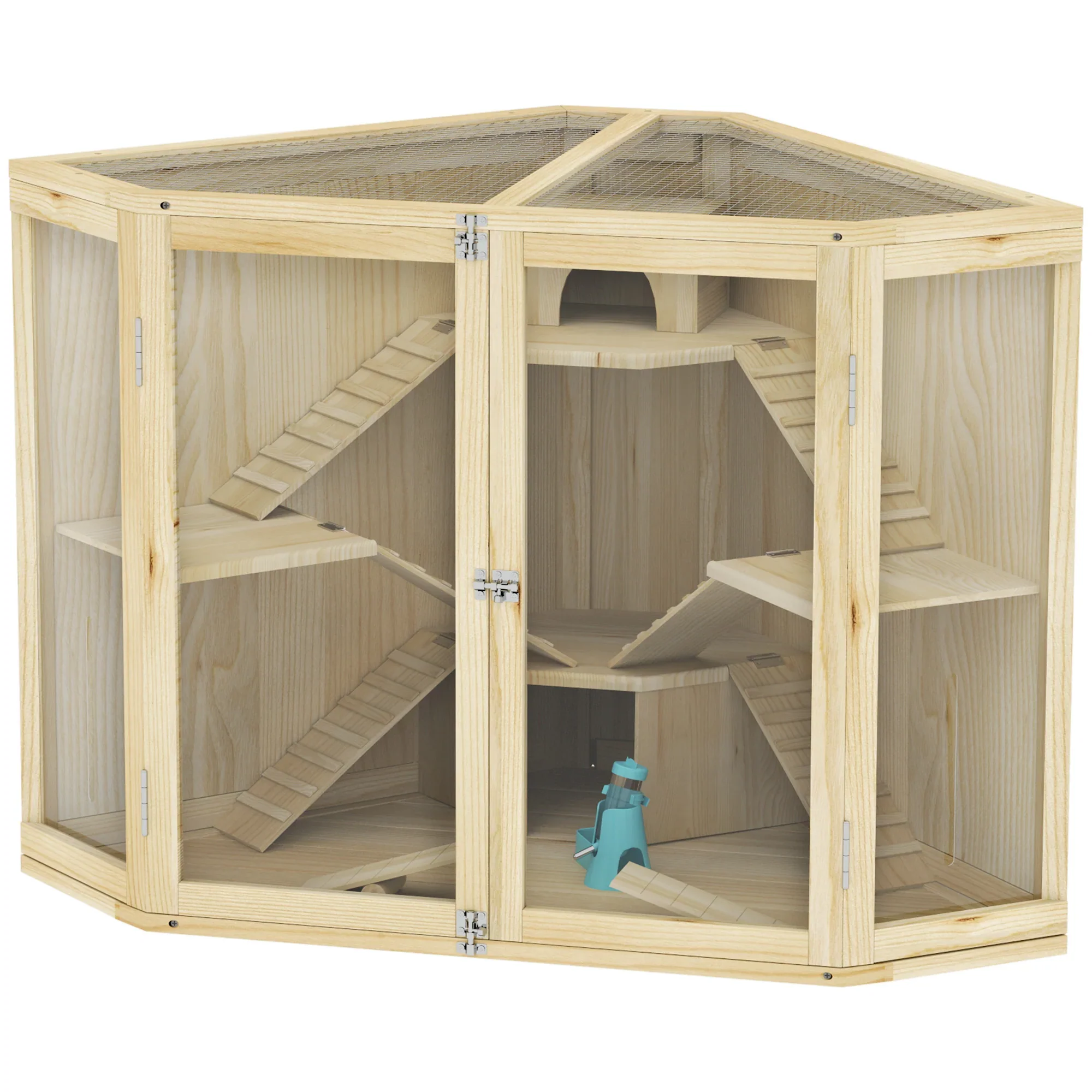 PawHut Hamsterkooi Hout 4 Verdiepingen met Accessoires en Kijkvenster