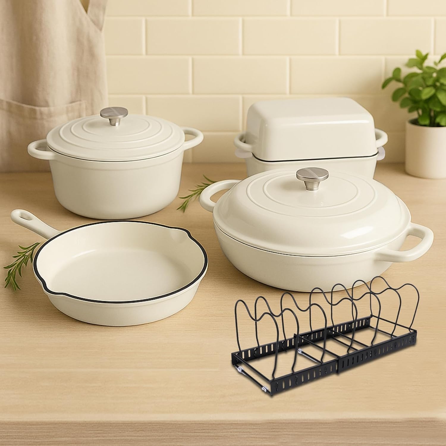 GFTIME Emaille Gusseisen Kochgeschirr Set 5-teilig, Töpfe und Pfannen Set, Schmortopf mit Deckel, Dutch Oven 2,3 QT, Bratpfanne 28 cm, Brotbackform, Ofenfest, für alle Herdarten inkl. Induktion