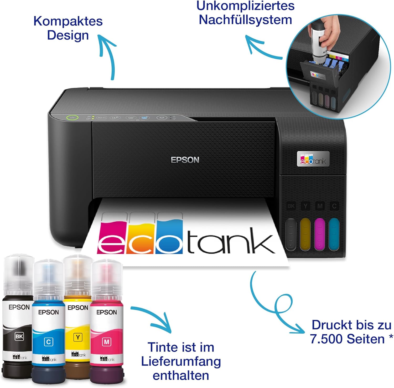 EcoTank ET-2862 Tintentankdrucker | für vielbeschäftigte Haushalte | WLAN | A4 | Drucken, Kopieren, Scannen | inkl. Tinte für bis zu 3 Jahre