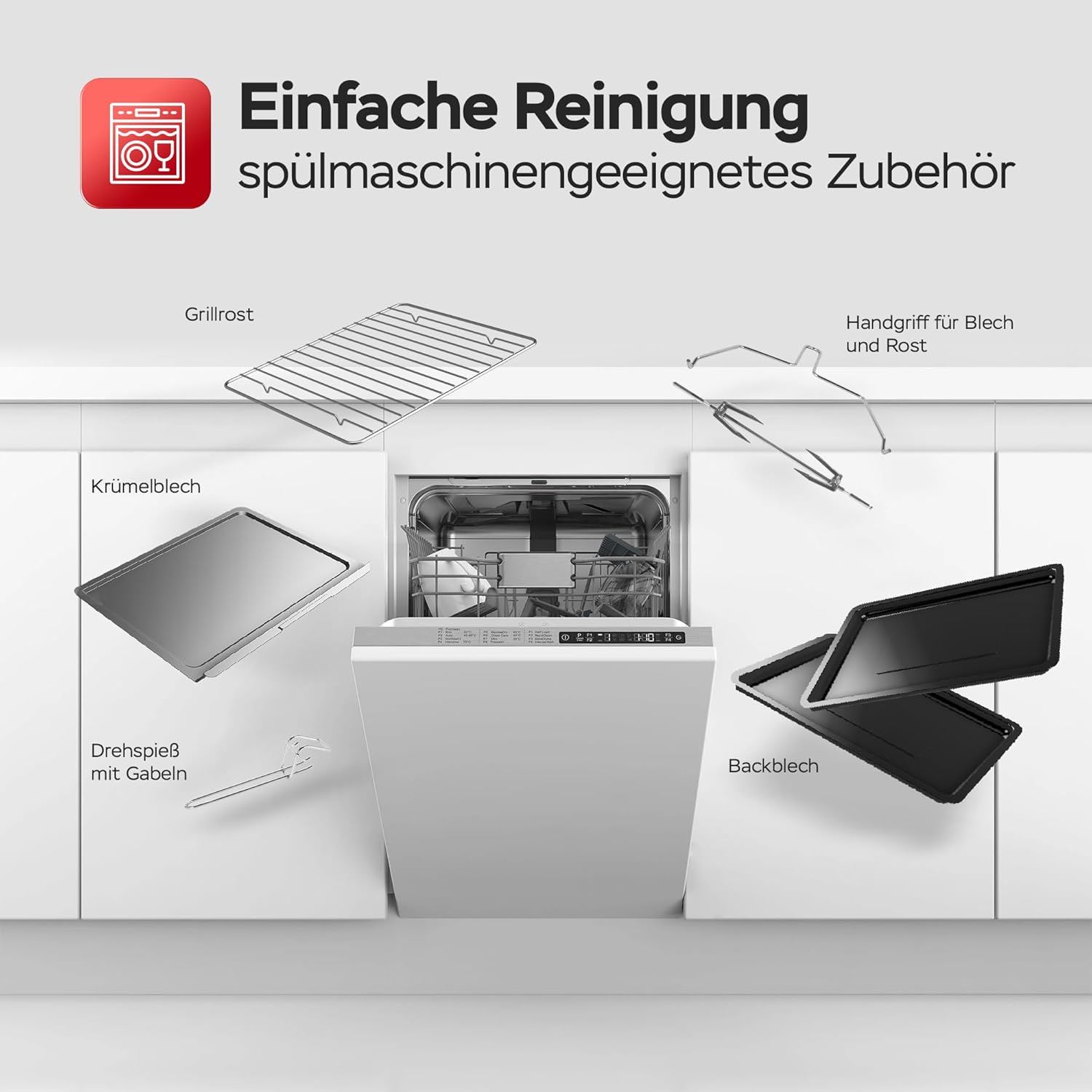 TurboTronic Minibackofen mit Umluft 45L schwarz 2000W, Drehspieß, Timer, Mini Backofen, Pizzaofen, 2 Backbleche, Grill