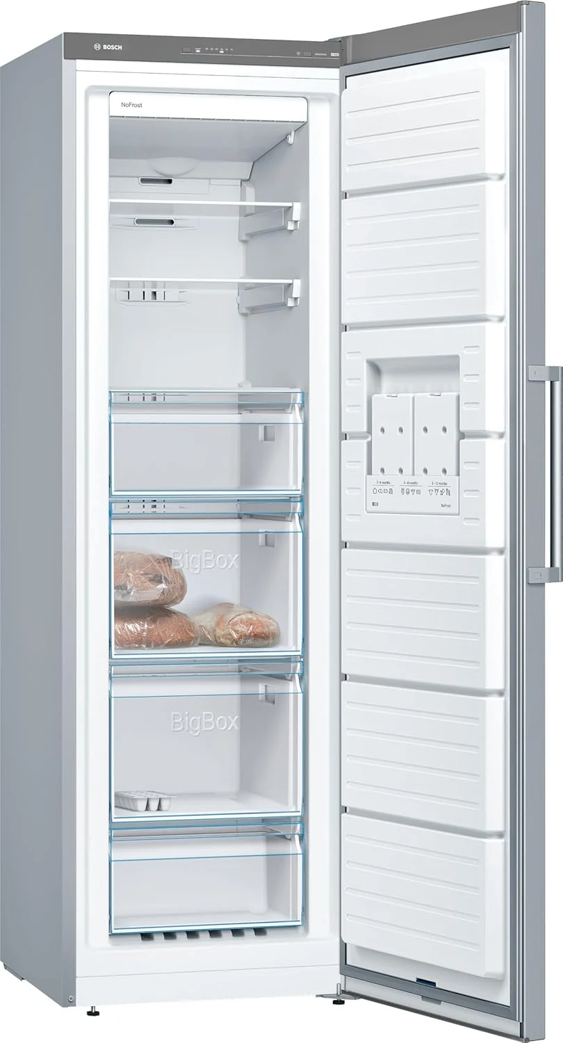 Bosch - Congelador Vertical NoFrost, Serie 4, alto 186 x ancho 60 cm, 242 L, Cajones BigBox para alimentos grandes, Sistema Multiairflow, Acero, GSN29VIEP