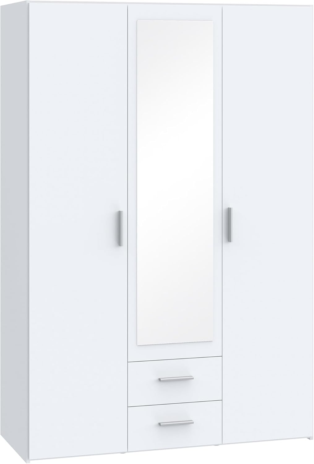 Forte TELANE Kleiderschrank 130, moderner Drehtürenschrank, 3-türig, 2 Schubladen, Spiegel, Schlafzimmer, Holzwerkstoff, Weiß, 131,1 cm breit x 195 cm hoch x 54,2 cm tief
