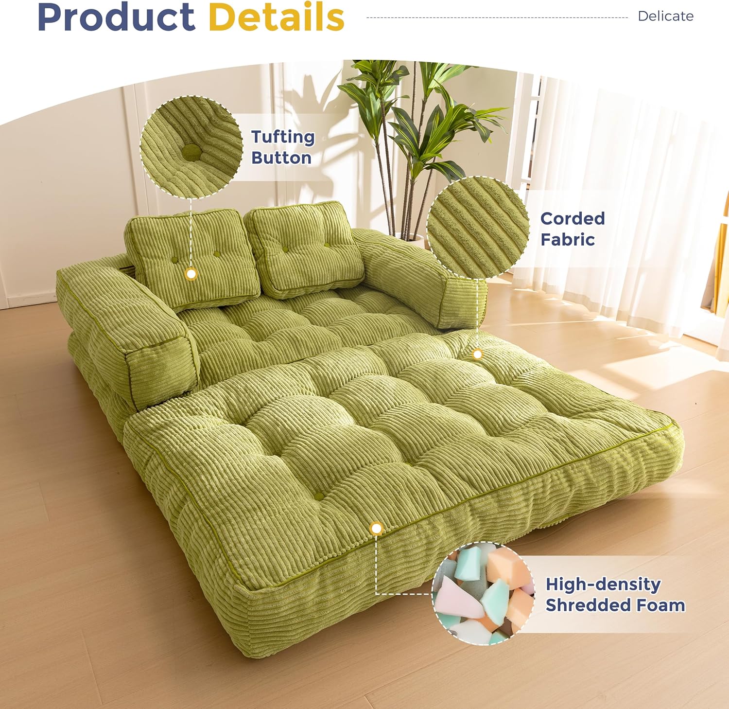 Folding Sofa Bed L-Shaped Convertible Sofa Bed with Armrests and Pillows