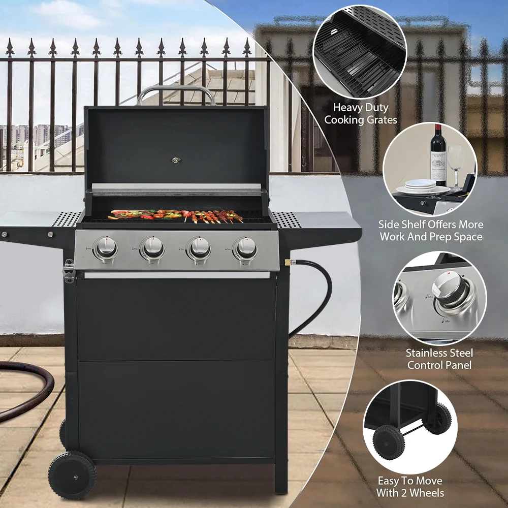 Grill gazowy SEGMART 2025 ze stali nierdzewnej z 4 palnikami – 34 200 BTU, do ogrodu/na taras z dwiema składanymi półkami i termometrem, idealny na kemping i do gotowania na świeżym powietrzu