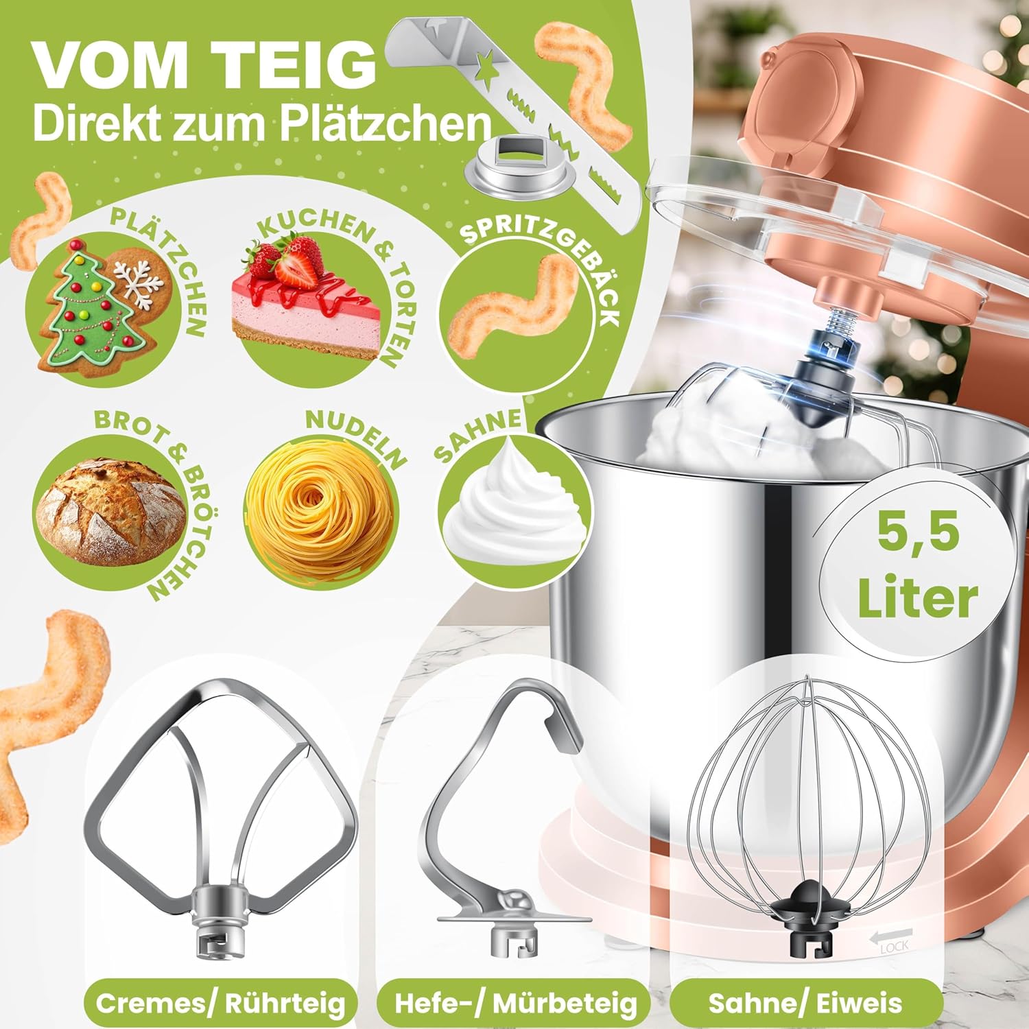 KESSER® Küchenmaschine 3in1 mit Fleischwolf & Mixer, 1500W Knetmaschine 5,5L Rührschüssel + Spritzschutz, 6 Geschwindigkeiten, Knethaken, Schneebesen, Rührhaken & Raspeln, Backen & Kochen, Kupfer