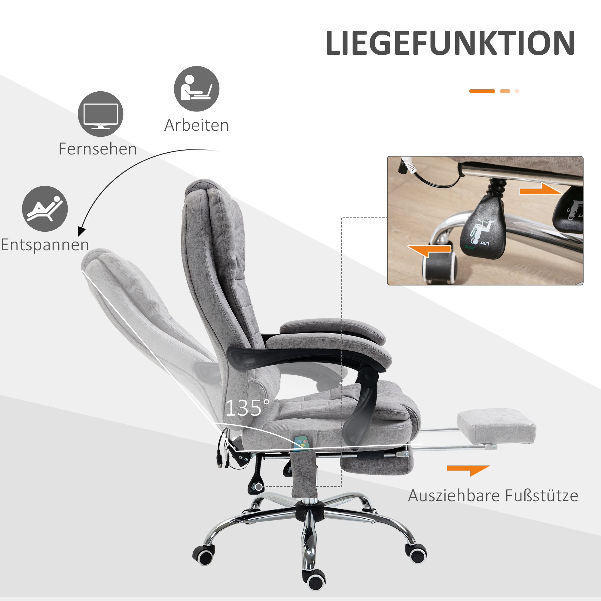 Vinsetto Bureaustoel met Massagefunctie, Ergonomische Bureaustoel met Leun- & Warmtefunctie, Afstandsbediening, Grijs