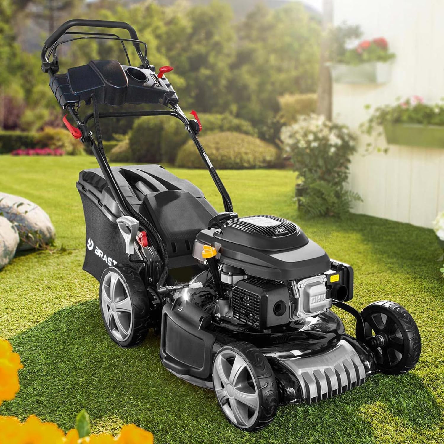 BRAST Benzin grasmaaier met aandrijving | 5,2kW(7PK) | elektrische start | 48cm snijbreedte | vele modellen | T��V | 4-takt OHV motor | 30-80mm maaihoogte | 60L opvangbak | stalen behuizing | 19224 ESTART Speed