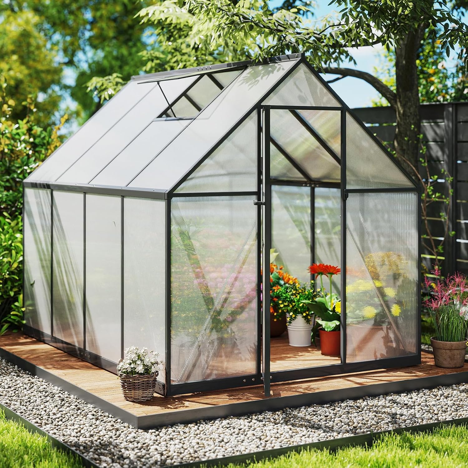 COSTWAY Gewächshaus mit Fundament, wetterfest aus Aluminimum, Treibhaus mit verstellbarem Dachfenster & Tür, 250 x 190 x 195 cm, Frühbeet und Pflanzenhaus für Tomaten Pflanzen, Outdoor Garten Balkon