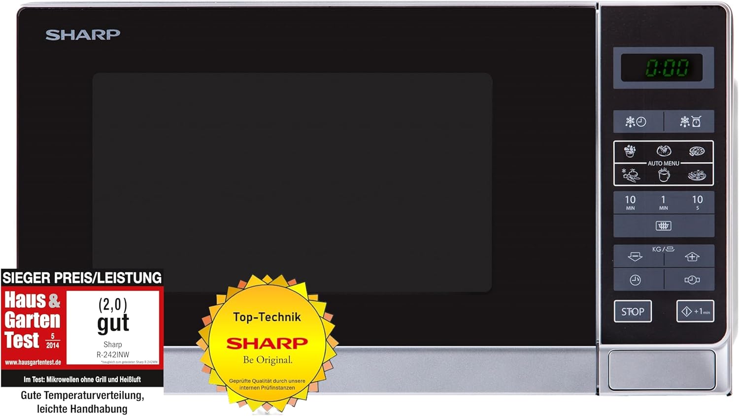 Sharp R242INW Solo-Mikrowelle / 20 L / 800 W / 5 Leistungsstufen / 8 Automatikprogramme / Gewicht- und zeitgesteuerte Auftauen / Kindersicherung / Energiesparmodus / Glasdrehteller (25,5 cm) / silber