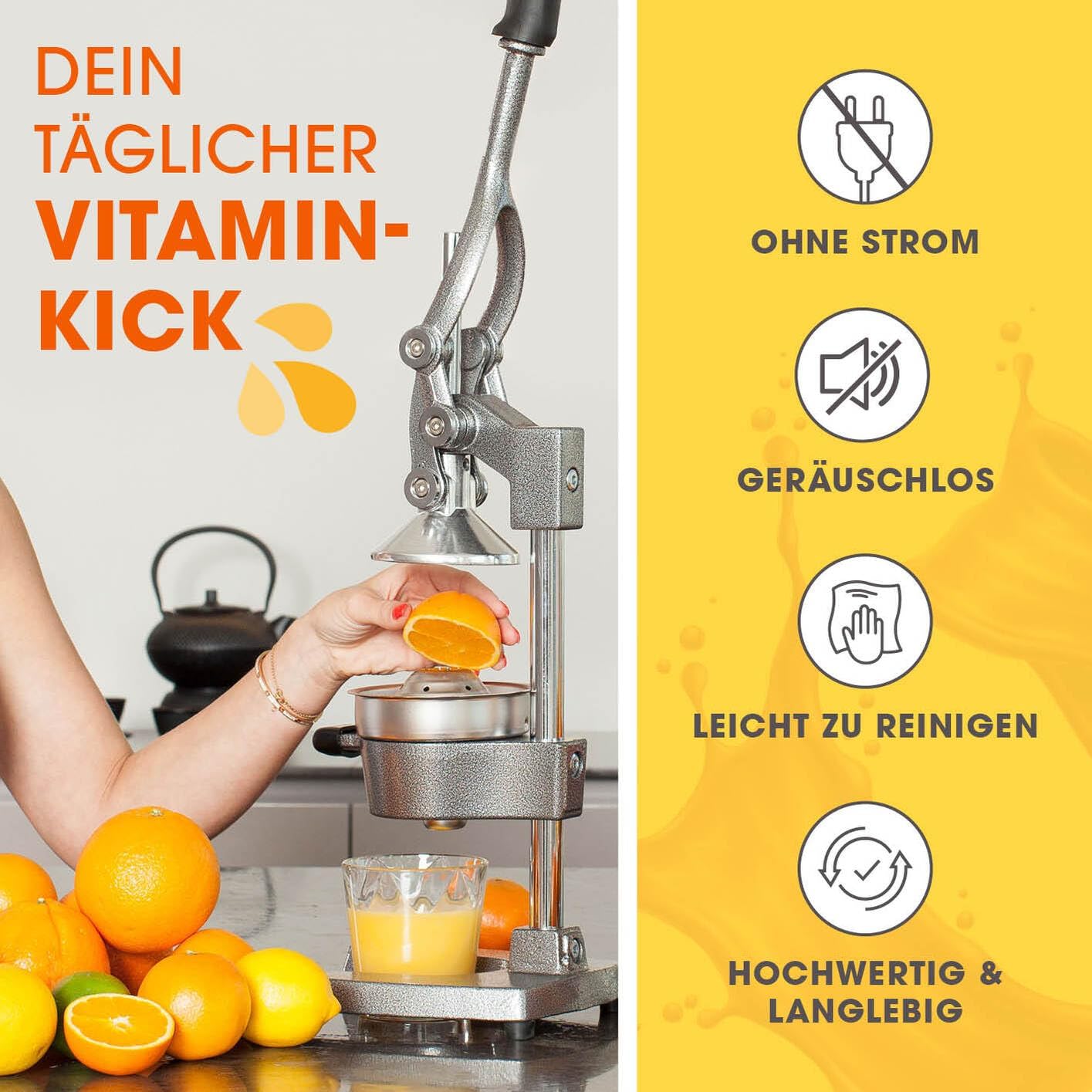 Lumaland Edelstahl Saftpresse | Hochwertige, sehr leise, manuell bedienbare Zitruspresse | Stilvolle Handpresse, wartungsfrei & leistungsstark für viel mehr Saft | Einfach frische Sfte pressen