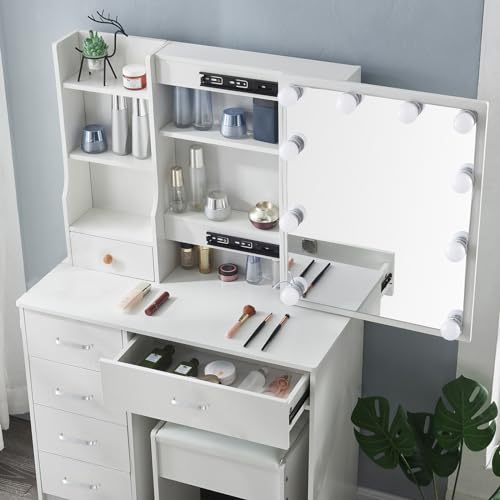 Saihemei Scrivania da trucco con specchio e 3 modalità di illuminazione, sgabello, 6 cassetti e ripiani – Mobiletto per cosmetici da camera da letto : Amazon.it: Casa e cucina