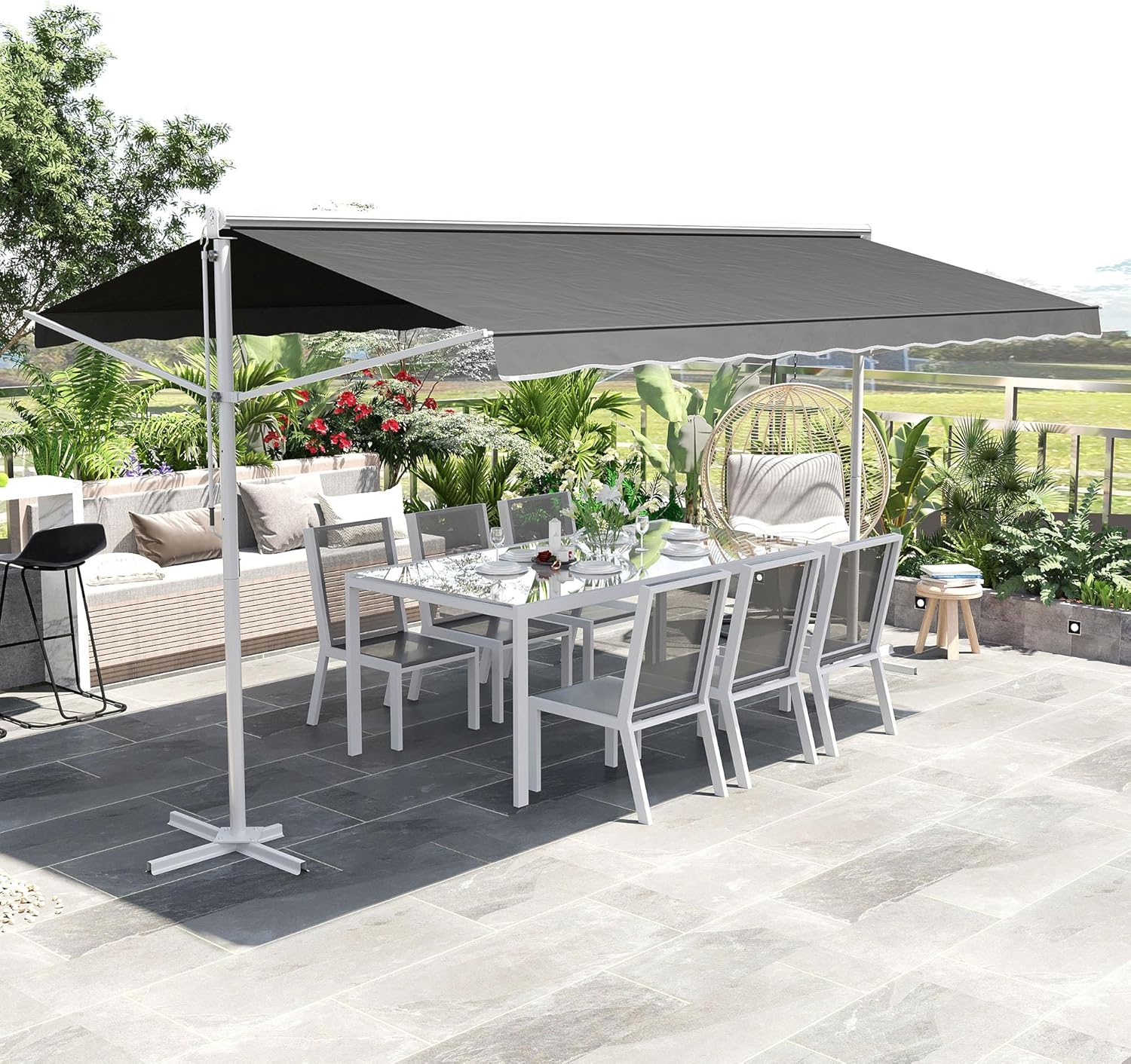 Outsunny Standmarkise Markise 4,5 x 3,4m Terrassenüberdachung Gartenmarkise mit Faltarm Kurbel Terrasse Grau Alu Metall